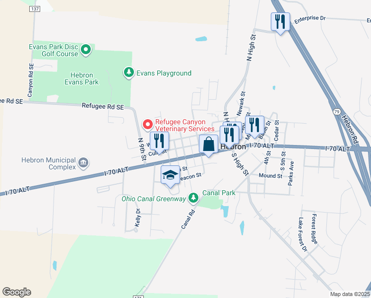 map of restaurants, bars, coffee shops, grocery stores, and more near 612 East Main Street in Hebron
