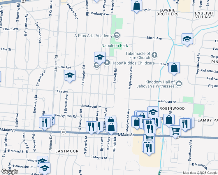 map of restaurants, bars, coffee shops, grocery stores, and more near 526 South Napoleon Avenue in Columbus