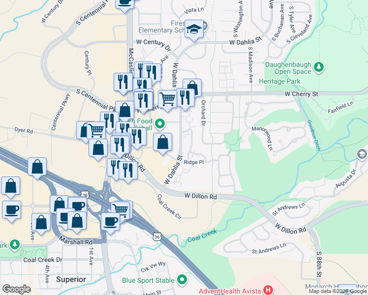 map of restaurants, bars, coffee shops, grocery stores, and more near 615 Ridgeview Drive in Louisville
