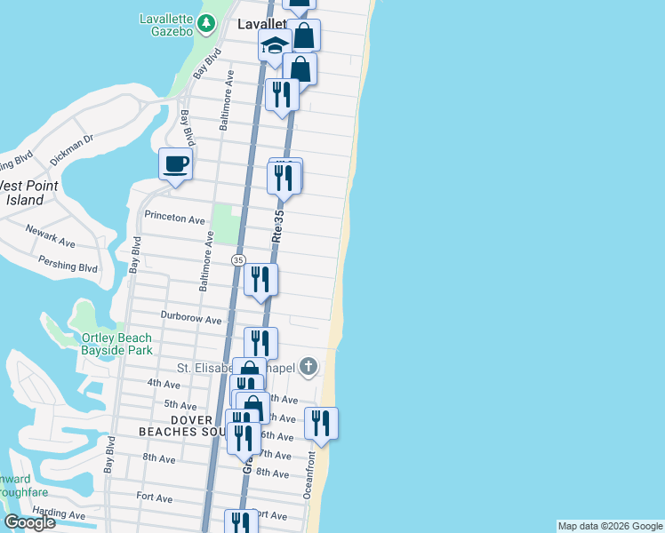 map of restaurants, bars, coffee shops, grocery stores, and more near 2202 Oceanfront in Lavallette