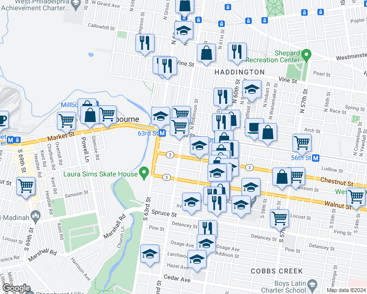 map of restaurants, bars, coffee shops, grocery stores, and more near 31 South 62nd Street in Philadelphia