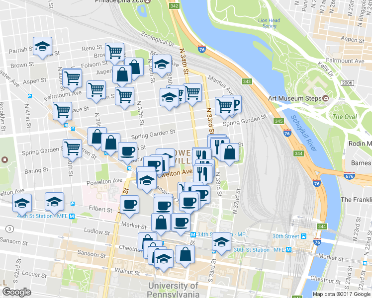 map of restaurants, bars, coffee shops, grocery stores, and more near 3413 Baring Street in Philadelphia