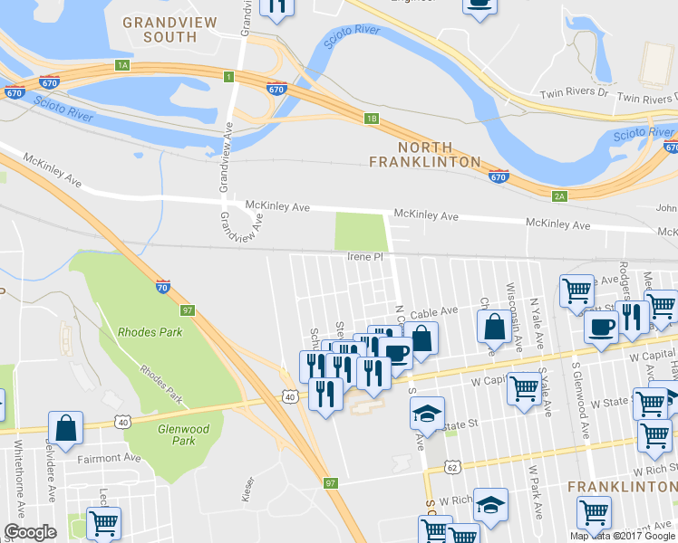 map of restaurants, bars, coffee shops, grocery stores, and more near 204 Stevens Avenue in Columbus