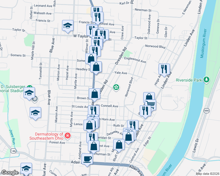 map of restaurants, bars, coffee shops, grocery stores, and more near 1863 Euclid Avenue in Zanesville