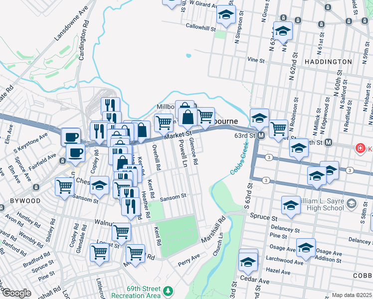 map of restaurants, bars, coffee shops, grocery stores, and more near 23 Powell Lane in Delaware County