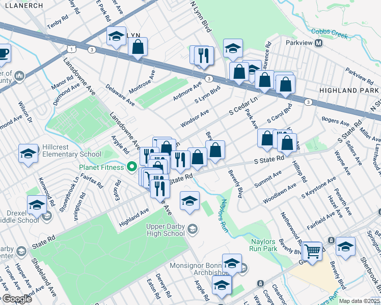 map of restaurants, bars, coffee shops, grocery stores, and more near 421 Arlington Avenue in Upper Darby