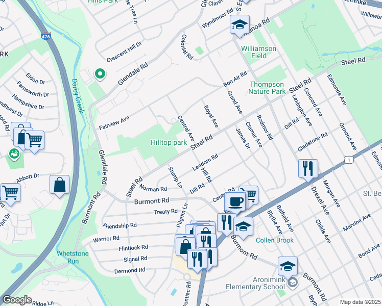 map of restaurants, bars, coffee shops, grocery stores, and more near 1301 Steel Rd in Havertown