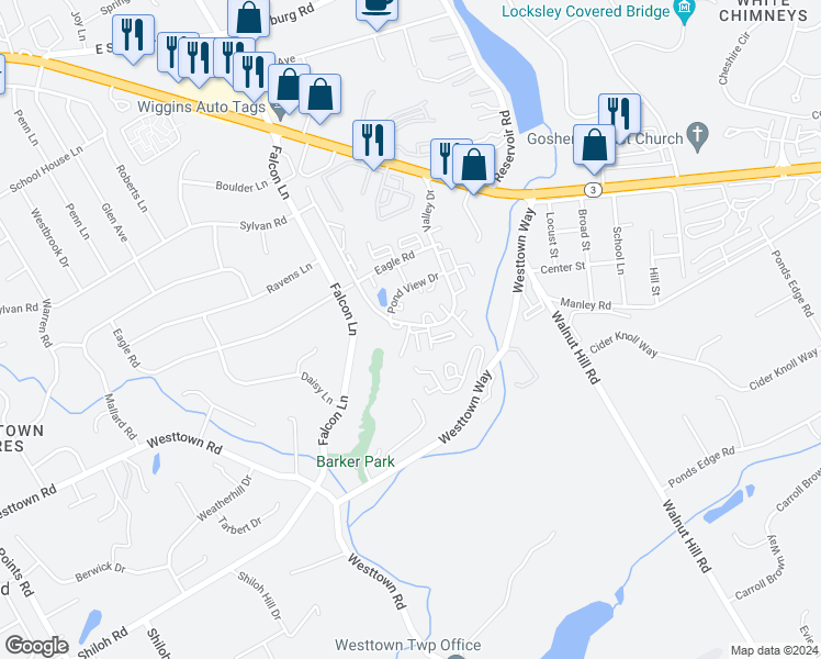 map of restaurants, bars, coffee shops, grocery stores, and more near 1819 Valley Drive in West Chester