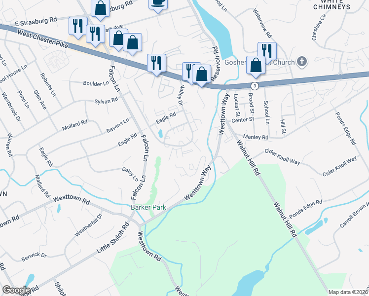 map of restaurants, bars, coffee shops, grocery stores, and more near 1510 Valley Drive in West Chester