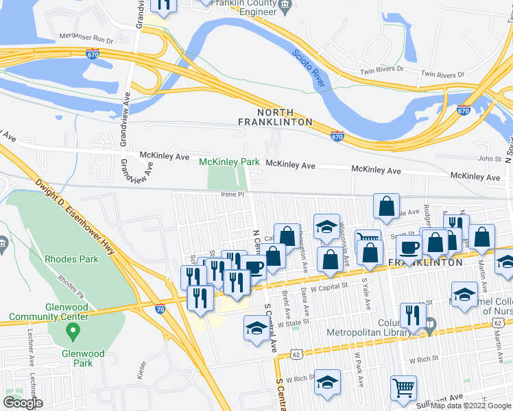 map of restaurants, bars, coffee shops, grocery stores, and more near 188 North Central Avenue in Columbus