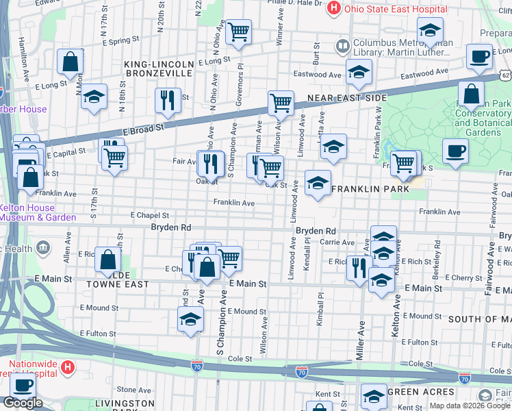 map of restaurants, bars, coffee shops, grocery stores, and more near 1199 Franklin Avenue in Columbus