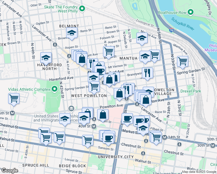 map of restaurants, bars, coffee shops, grocery stores, and more near 3874 Lancaster Avenue in Philadelphia