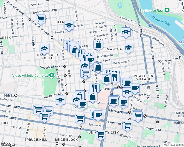 map of restaurants, bars, coffee shops, grocery stores, and more near 3926 Warren Street in Philadelphia
