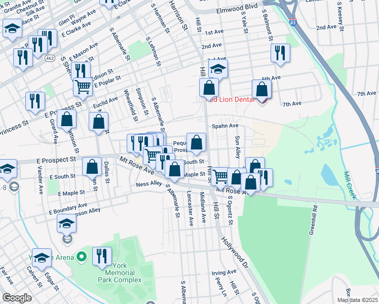 map of restaurants, bars, coffee shops, grocery stores, and more near 1204 East Prospect Street in York