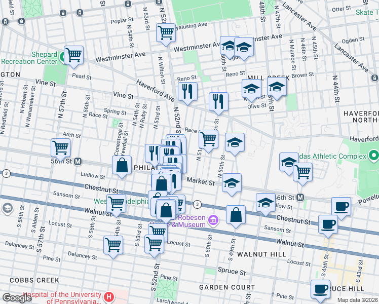 map of restaurants, bars, coffee shops, grocery stores, and more near 5127 Arch Street in Philadelphia