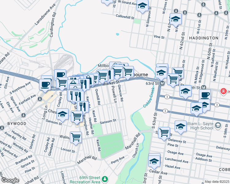 map of restaurants, bars, coffee shops, grocery stores, and more near 23 Powell Lane in Delaware County