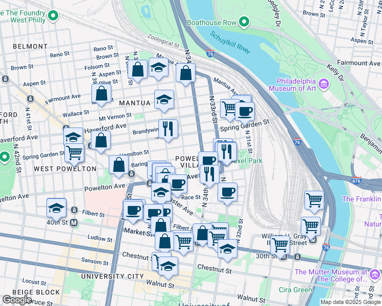 map of restaurants, bars, coffee shops, grocery stores, and more near 3413 Baring Street in Philadelphia