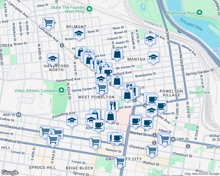 map of restaurants, bars, coffee shops, grocery stores, and more near 3934 Nectarine Street in Philadelphia