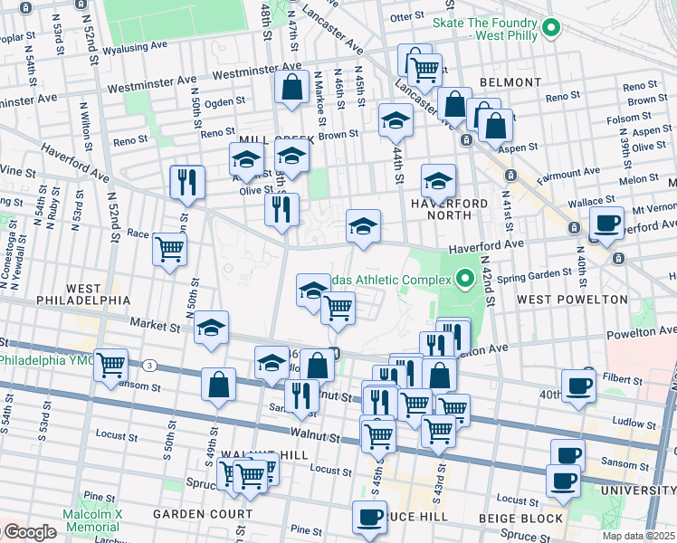map of restaurants, bars, coffee shops, grocery stores, and more near 66 North 46th Street in Philadelphia