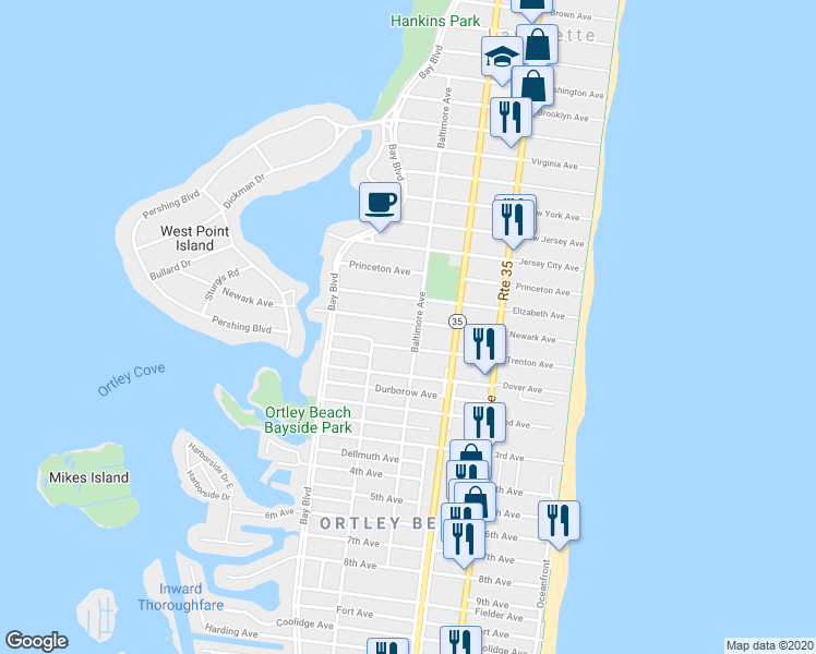 map of restaurants, bars, coffee shops, grocery stores, and more near 2300 Baltimore Avenue in Lavallette