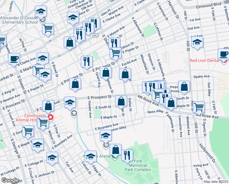 map of restaurants, bars, coffee shops, grocery stores, and more near 813 East Prospect Street in York