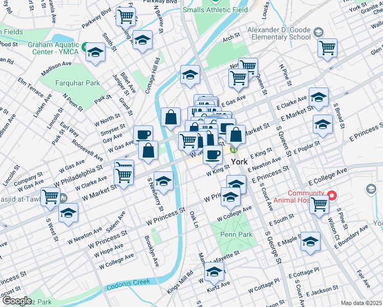 map of restaurants, bars, coffee shops, grocery stores, and more near 141 Pennsylvania 74 in York