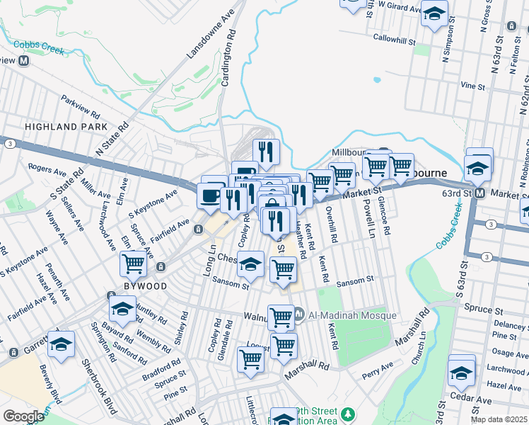 map of restaurants, bars, coffee shops, grocery stores, and more near 6846 Market Street in Delaware County