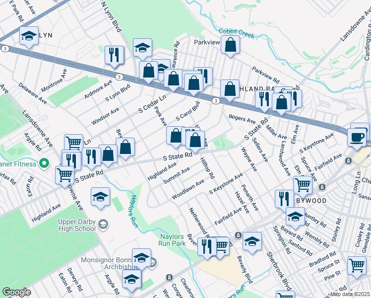 map of restaurants, bars, coffee shops, grocery stores, and more near 134 South State Road in Delaware County