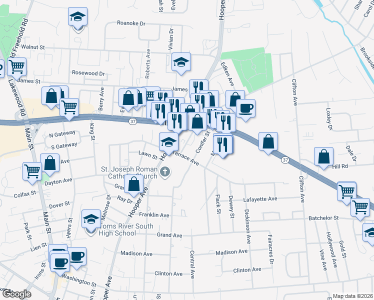 map of restaurants, bars, coffee shops, grocery stores, and more near 807 Lowell Avenue in Toms River