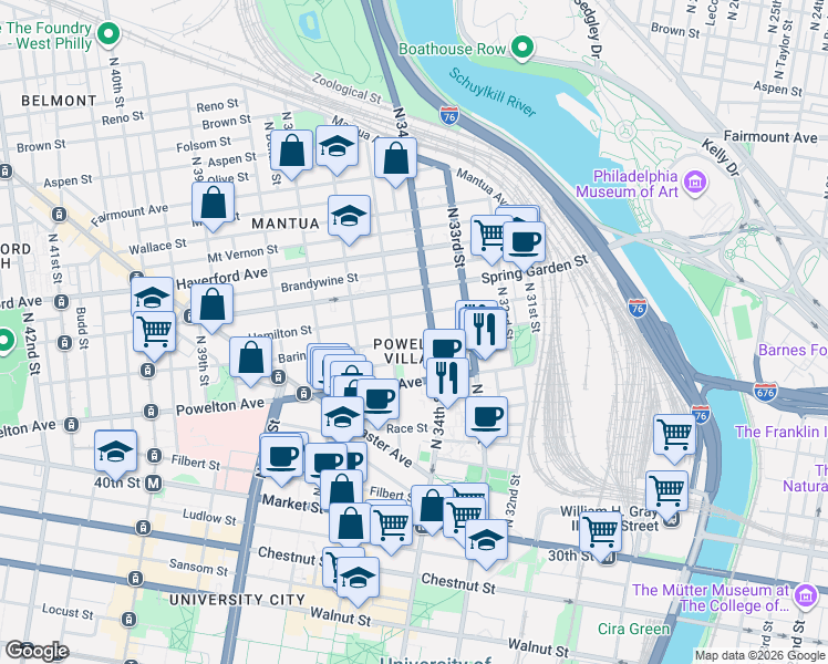 map of restaurants, bars, coffee shops, grocery stores, and more near in Philadelphia
