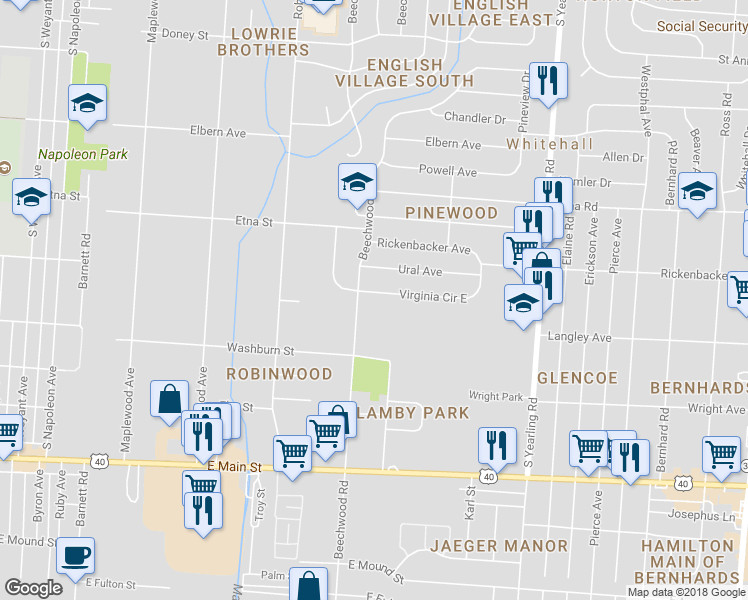 map of restaurants, bars, coffee shops, grocery stores, and more near 3995 Virginia Circle East in Columbus