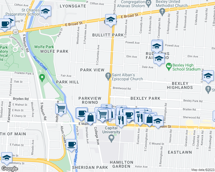 map of restaurants, bars, coffee shops, grocery stores, and more near 363 South Drexel Avenue in Columbus
