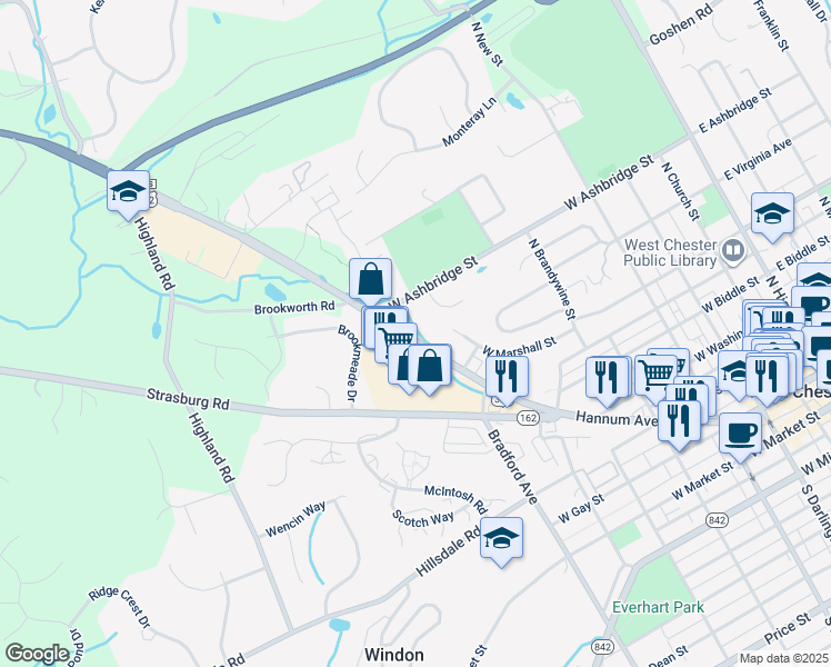 map of restaurants, bars, coffee shops, grocery stores, and more near 653 Downingtown Pike in West Chester