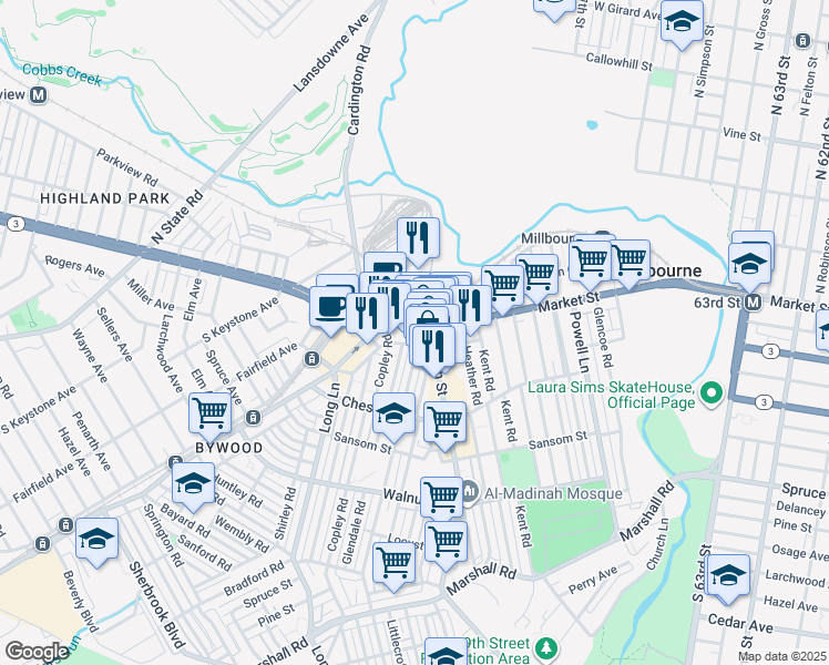 map of restaurants, bars, coffee shops, grocery stores, and more near 6846 Market Street in Delaware County