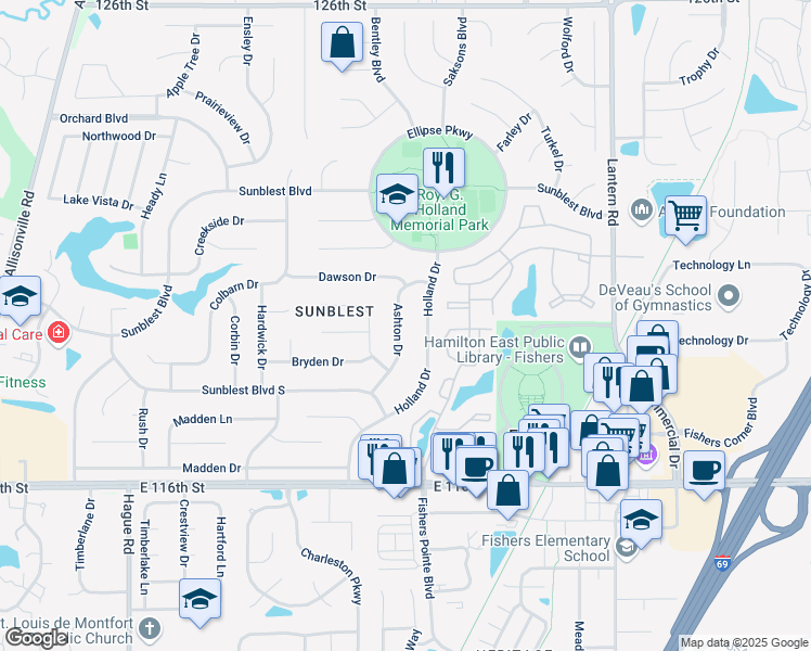map of restaurants, bars, coffee shops, grocery stores, and more near 11857 Ashton Drive in Fishers