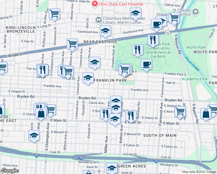 map of restaurants, bars, coffee shops, grocery stores, and more near 245 Miller Avenue in Columbus