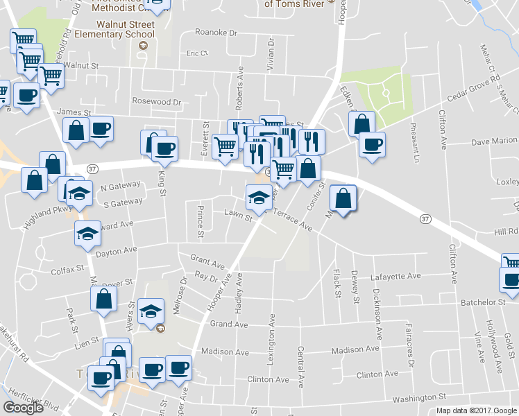map of restaurants, bars, coffee shops, grocery stores, and more near 15 Terrace Avenue in Toms River