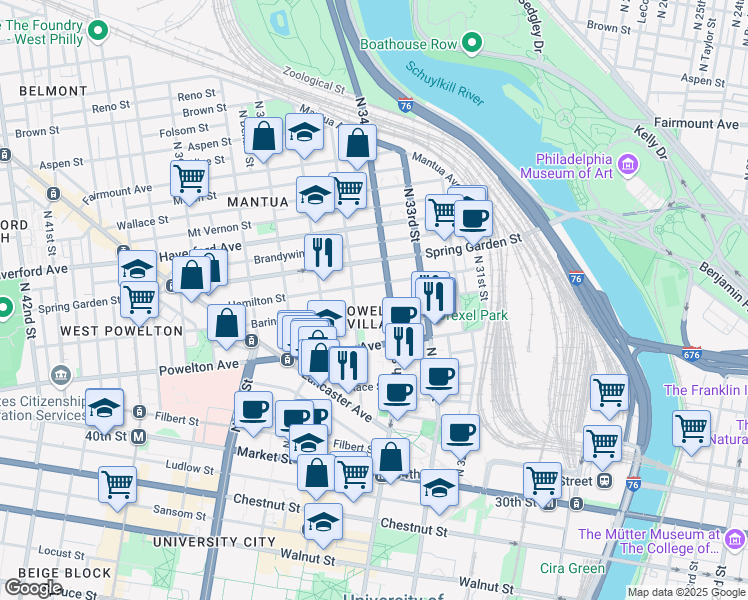 map of restaurants, bars, coffee shops, grocery stores, and more near 3409 Baring Street in Philadelphia