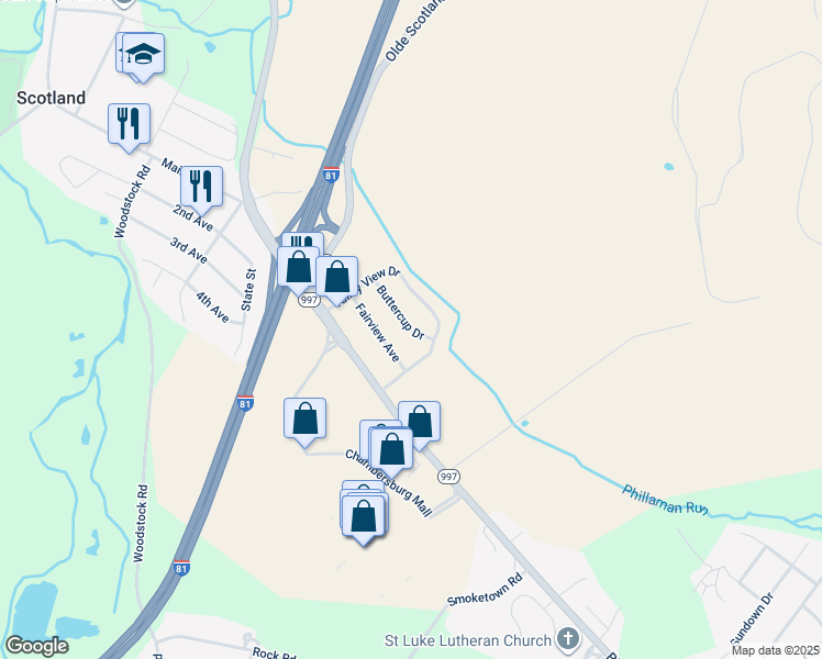 map of restaurants, bars, coffee shops, grocery stores, and more near 1529 Buttercup Drive in Chambersburg