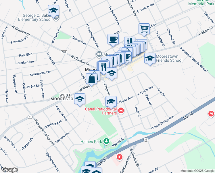 map of restaurants, bars, coffee shops, grocery stores, and more near 129 South Church Street in Moorestown