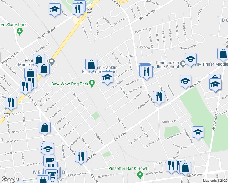 map of restaurants, bars, coffee shops, grocery stores, and more near 7259 Rogers Avenue in Merchantville