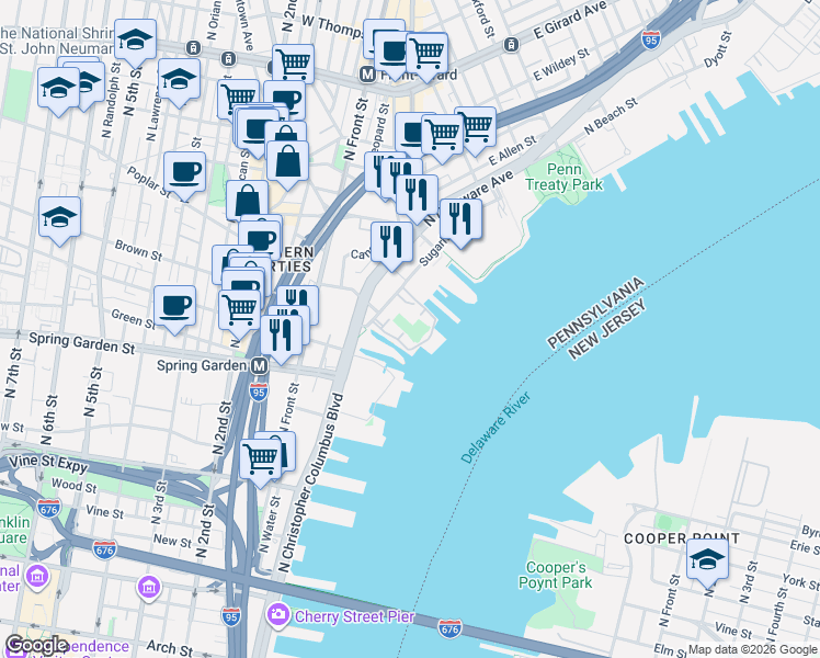 map of restaurants, bars, coffee shops, grocery stores, and more near 901 North Penn Street in Philadelphia