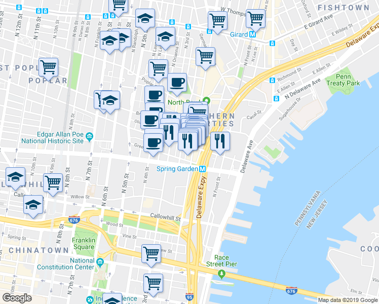 map of restaurants, bars, coffee shops, grocery stores, and more near 625 North 2nd Street in Philadelphia