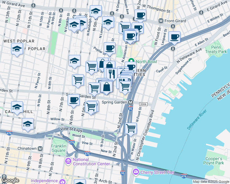 map of restaurants, bars, coffee shops, grocery stores, and more near 604 North American Street in Philadelphia