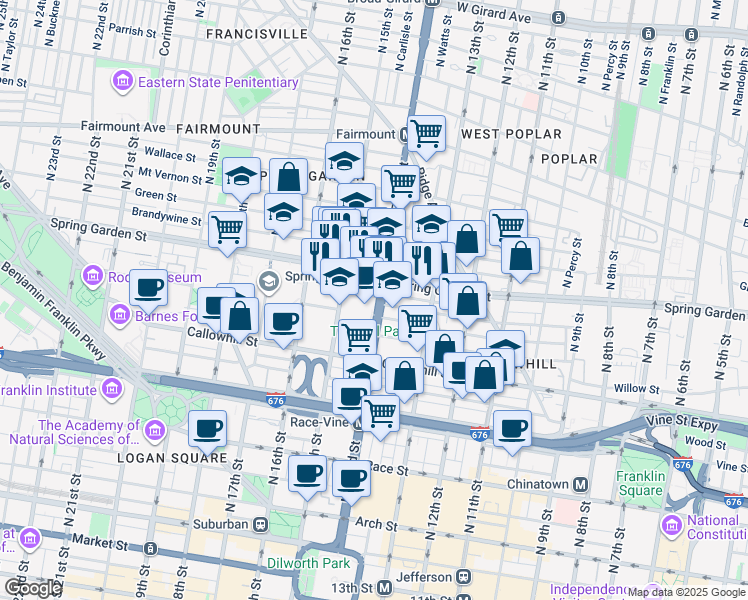 map of restaurants, bars, coffee shops, grocery stores, and more near 440 North Broad Street in Philadelphia