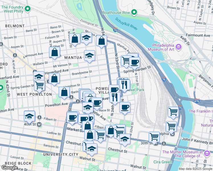 map of restaurants, bars, coffee shops, grocery stores, and more near in Philadelphia