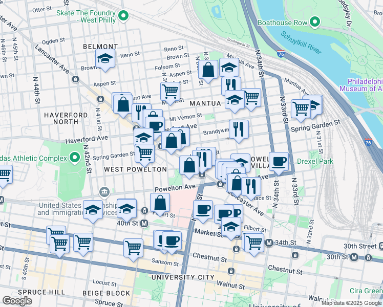 map of restaurants, bars, coffee shops, grocery stores, and more near 3827 Hamilton Street in Philadelphia