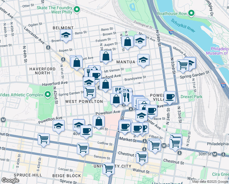 map of restaurants, bars, coffee shops, grocery stores, and more near 3827 Hamilton Street in Philadelphia
