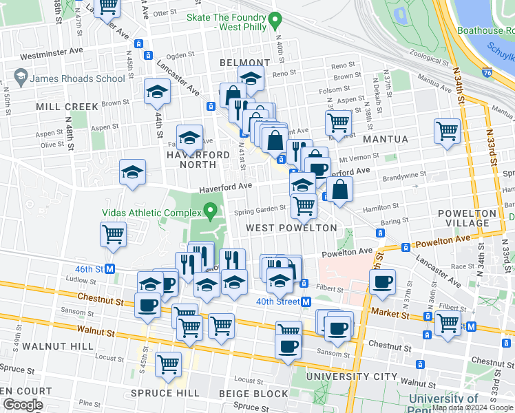 map of restaurants, bars, coffee shops, grocery stores, and more near 4101 Spring Garden Street in Philadelphia
