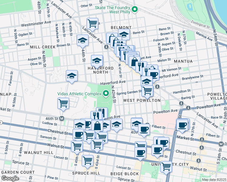 map of restaurants, bars, coffee shops, grocery stores, and more near 4129 Spring Garden Street in Philadelphia